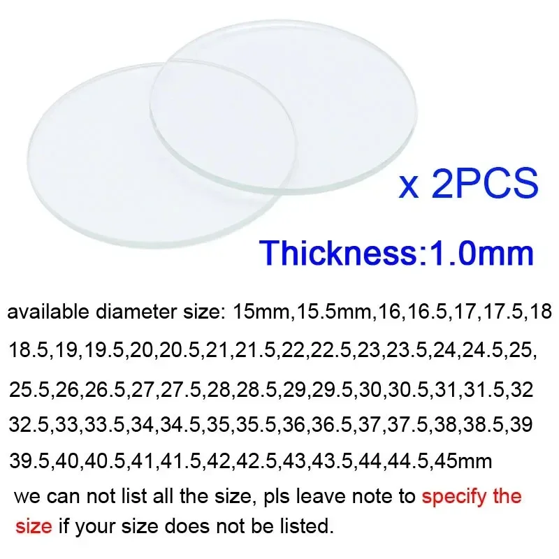 2PCS Thin Round Watch Crystal Glass Lens, 1mm Thick, 15mm-45mm, Flat Mirror Replacement Repair Part