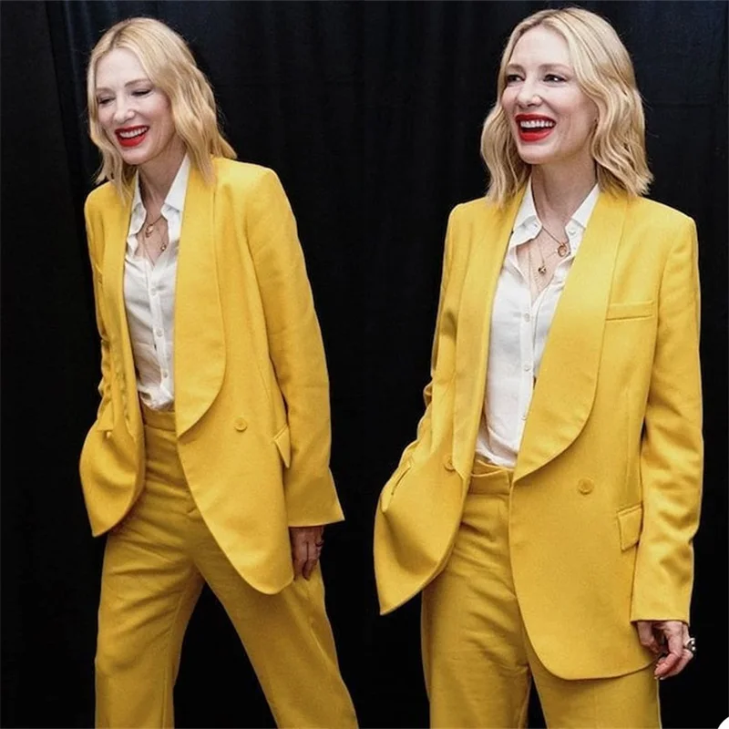 

Fashion Yellow Women Suits Office Sets 2 Pcs Cotton Business Custom Made Blazer+Pants Formal Double Breasted Evening Prom Dress