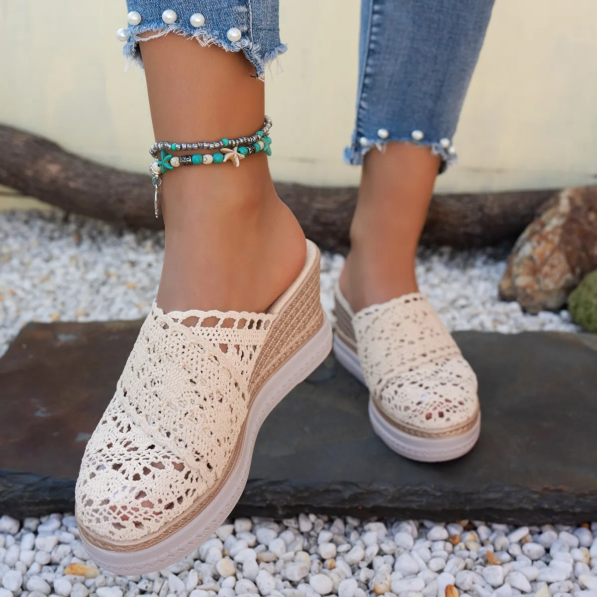 Lace Summer High Heels Straw Espadrille Sandals Women Platform Slides Mules Slipper Wedges Shoes Comfortable Walk Slippers Women
