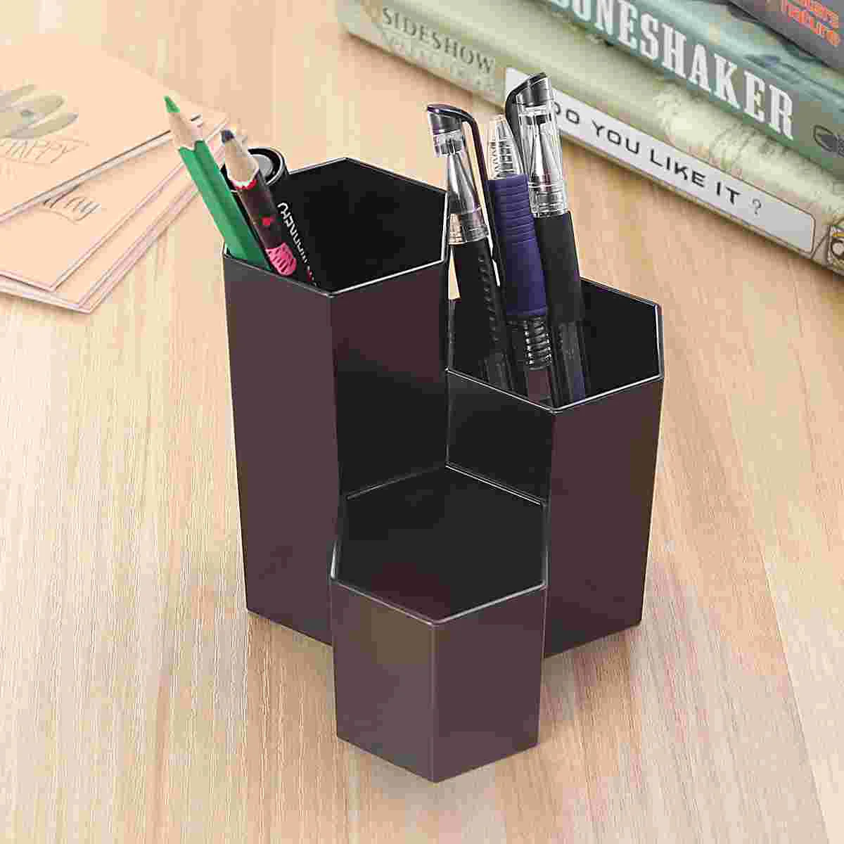 

Pen Holder Hexagon Desk Holder Stand Slot Pen Cup Makeup Pot Box Stationery Organizer for Home Office School Black