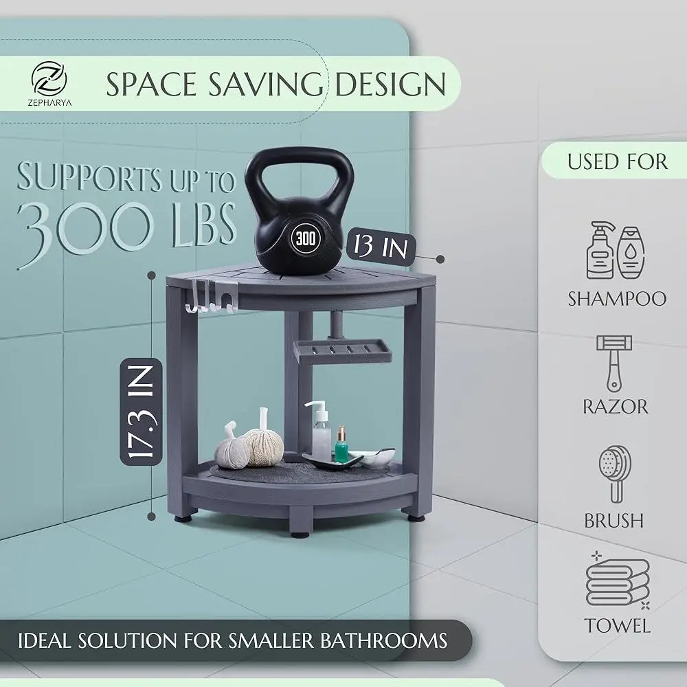Corner Shower Stool Waterproof HDPS Shower Bench with 360 Soap Dish Razor Holder Anti-slip Feet Lower Storage Shelf Shower 5