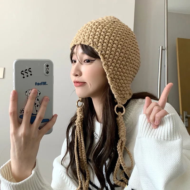 

Hand Knitted Beanies Autumn and Winter Ear Protection Warm Pullover Cap Korean Version Niche Tassel Long Braid Women's Hats
