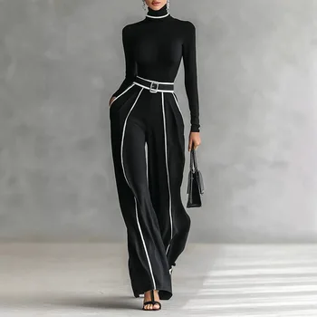 Autumn Striped Print Patchwork Woman Overalls Elegant High Neck Slim Top Pullover & Wide Leg Trousers Suit Winter Outfit Suit 1