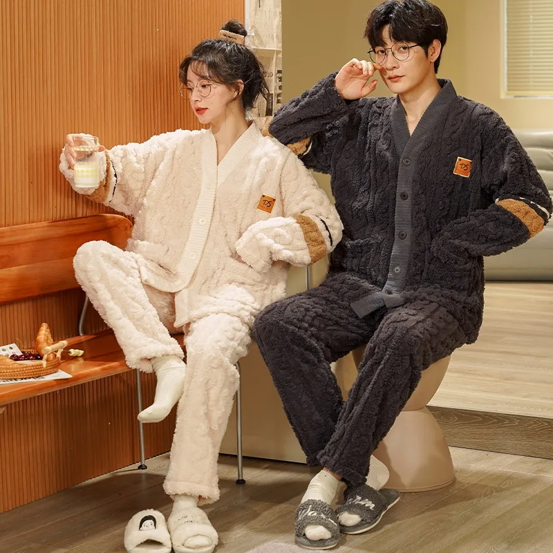 Kimono Winter Coral Fleece Sleepwear for Couples Women and Men Matching Pajamas Set Thicken Homewear Male Female Pijamas Mujer