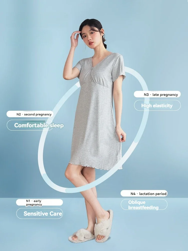 Women's Spring  Summer Padded Sleeping Dress  Postpartum Breastfeeding  Large Size  Women's Home Clothes  Pajamas  Midi Dress 5