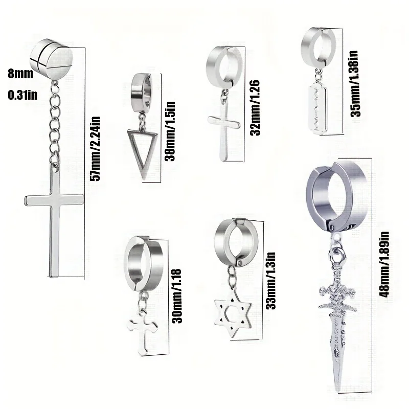2pcs Fashionable Stainless Steel No Ear Holes Cross Ear Clip Non-Piercing Tassel Star Blade Earrings Jewelry For Men Women,ear clip earrings,clip earrings,ear clip,ear accessories