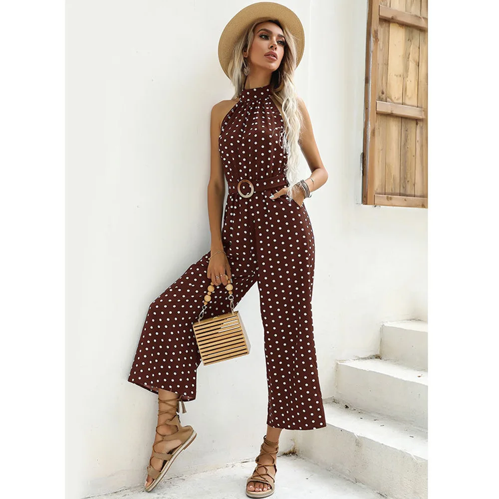 Polka Dot Print High Waist Wide Leg Casual Jumpsuits Women Summer Sleeveless Sexy Lady Long Pants Jumpsuit Halter Neck Overalls elegant office lady jumpsuit overalls turtleneck lantern sleeve autumn solid color backless straight leg jumpsuit for women