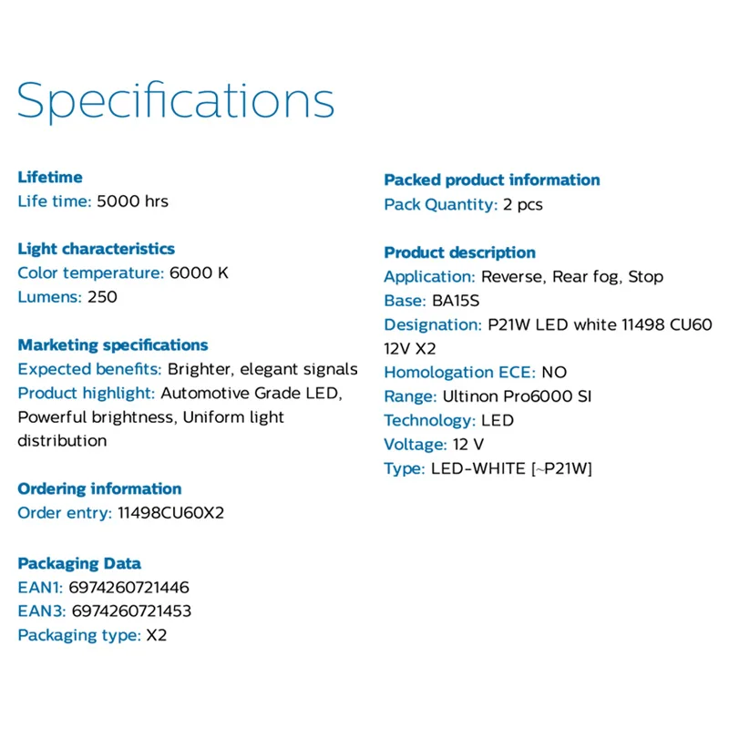 ʸ Ultinon Pro6000 LED P21W 1156 BA15s 6000K   ڵ   ÷     11498CU60X2