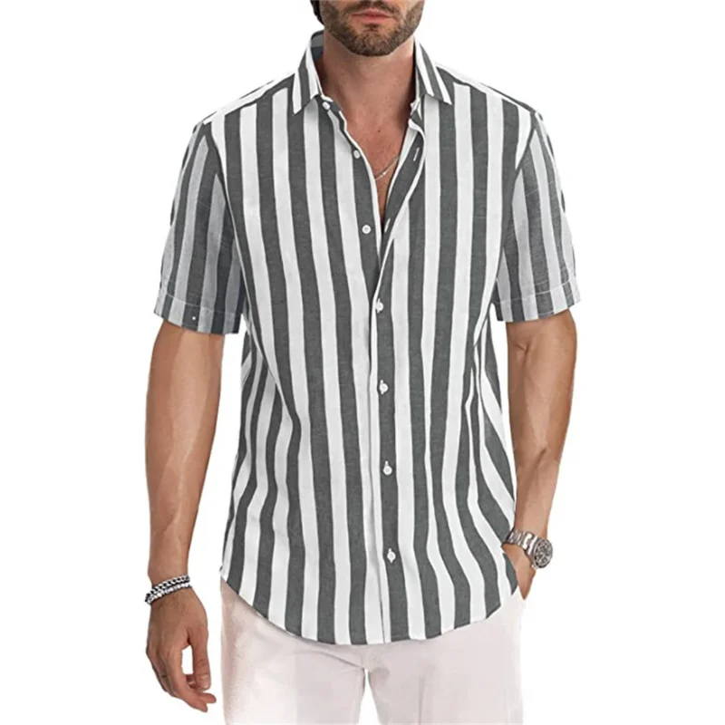 

New Fashion Men's Short-sleeved Striped Lapel Shirt Spring and Fall Shirt