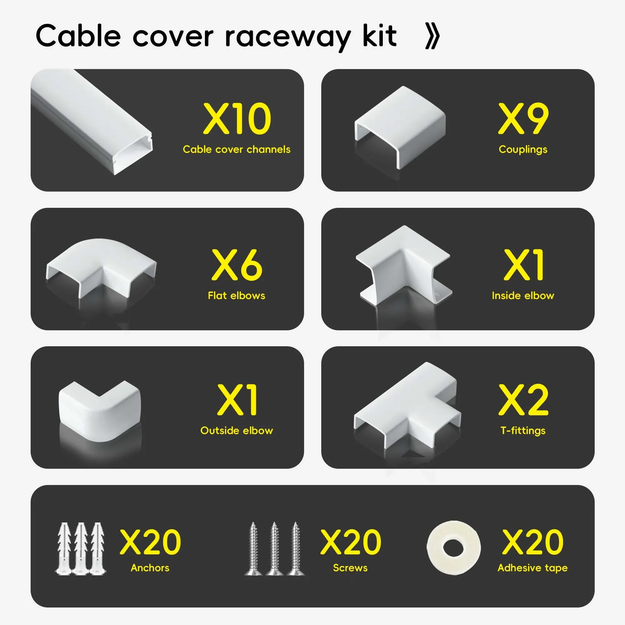 TV Cable Management Cord Cover, Hider Cord Organizer, Raceway Kit, Concealer System Covers, PVC Trunking Channel (10-Pcs)