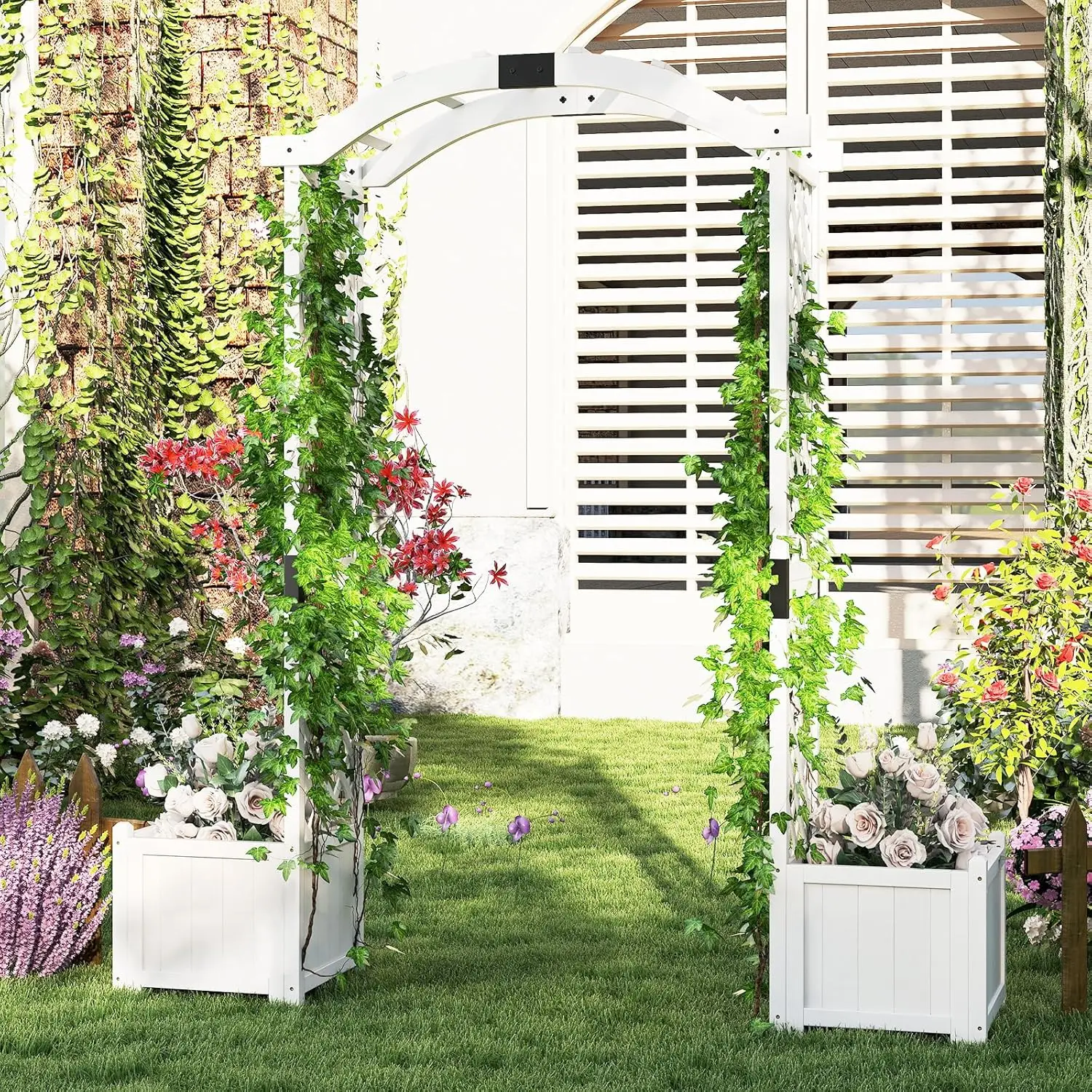 Garden Arbor with Planter Boxes, Outdoor Wedding Arch with Trellis for Climbing Plants Vine Vegetables Herbs, Wooden Arbor