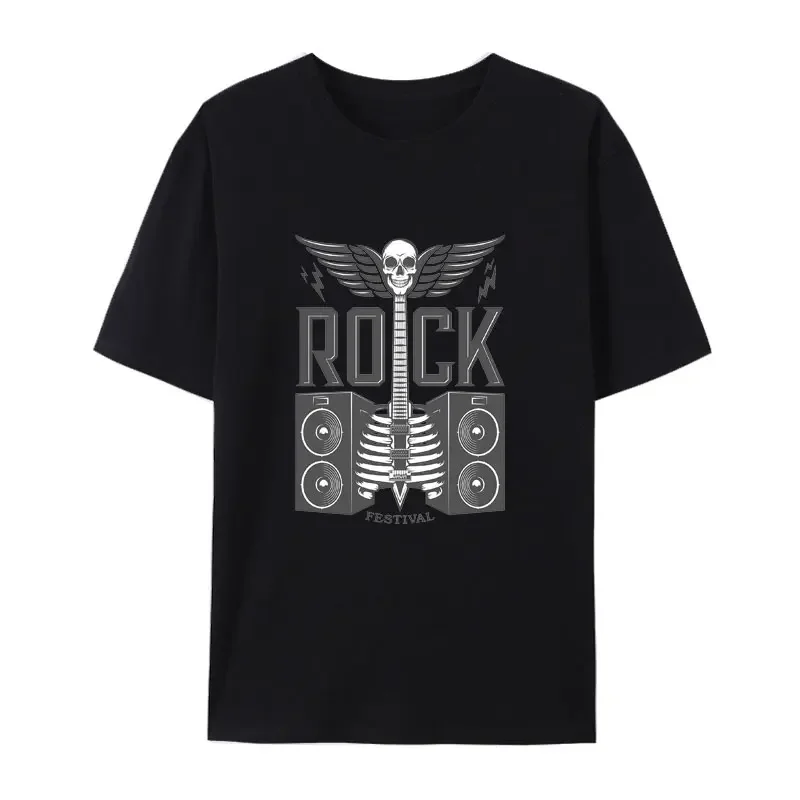 

Hard Rock Festival icon skull bass guitar wings Cotton T Shirt classic creative punk style hip-hop street fashion hipster shirt