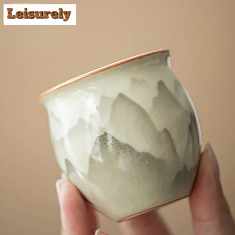 2pc/lot Mountain Flower Ru Kiln Porcelain Egg Shaped Teacup Creative Tea Bowl Cup Tea Meditation Cup Jianzhan Tea Ceremony 90ML