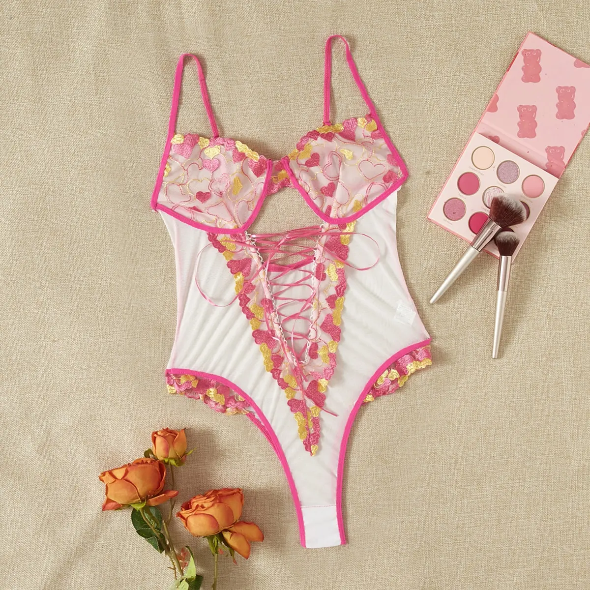

Teddies Women Sheer Lingerie Hollow Lace Bodysuit Underwear Bandage Jumpsuit Sleepwear Open Back Lace Sexy Teddies Bodysuits