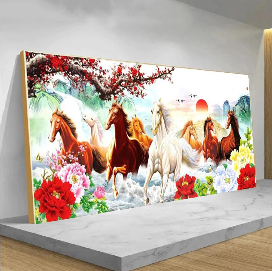 

Алмазная 5D картина «сделай сам», мозаика с рисунком 8 лошадей, восхода солнца, пейзажа, цветка сливы, полная вышивка, картина Стразы R283