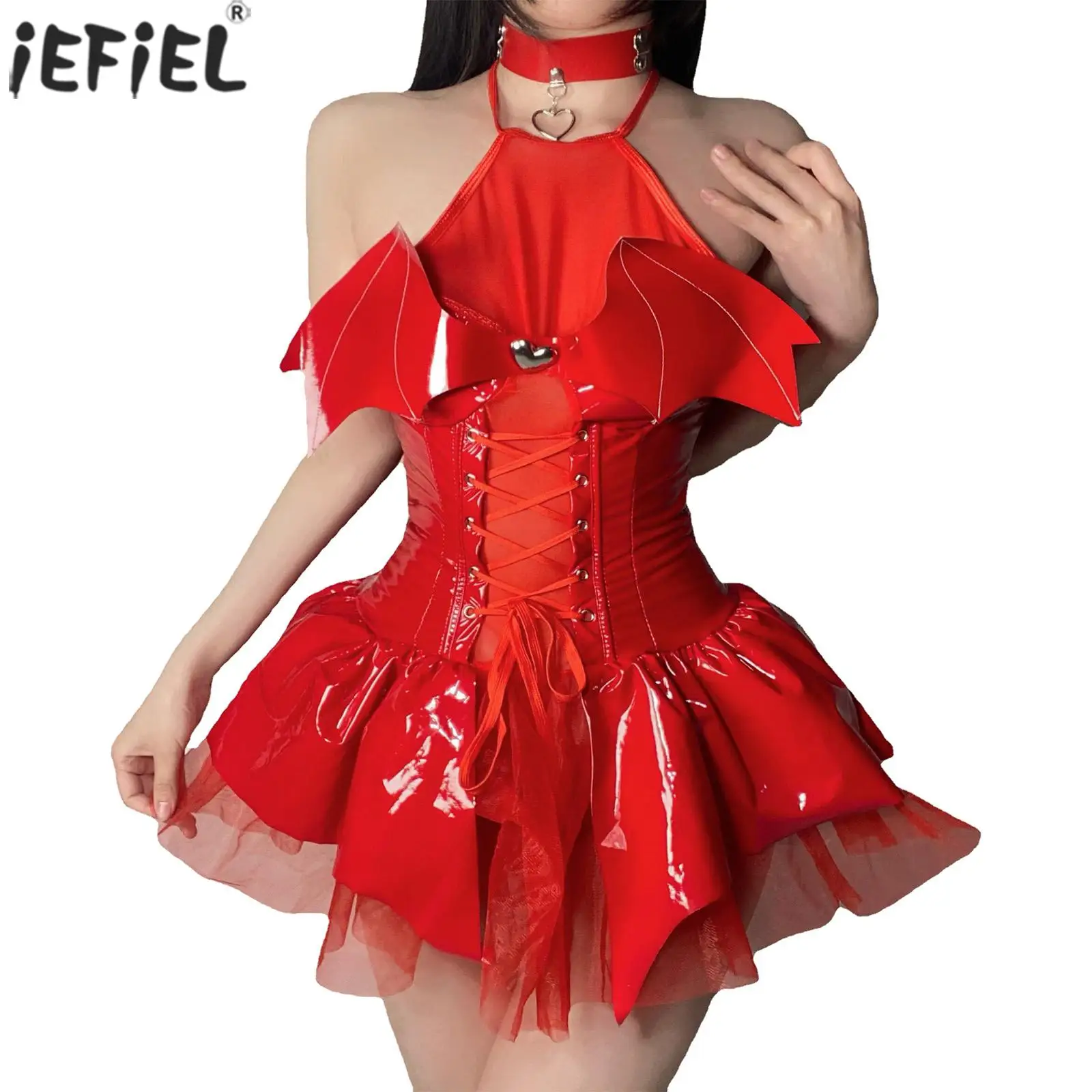 

Women Red PU Leather Dresses Sexy Halter Skinny Dress 3PCS Erotic Lingerie Set See-Through Lace-Up Patchwork Mini Dress Clubwear