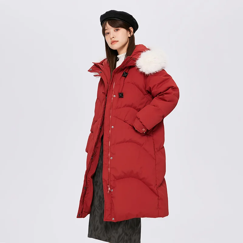 Semir Long Down Jacket Women Big Fur Collar Hooded Warm All-Match 2023 Winter New Loose Horn Button Jacket