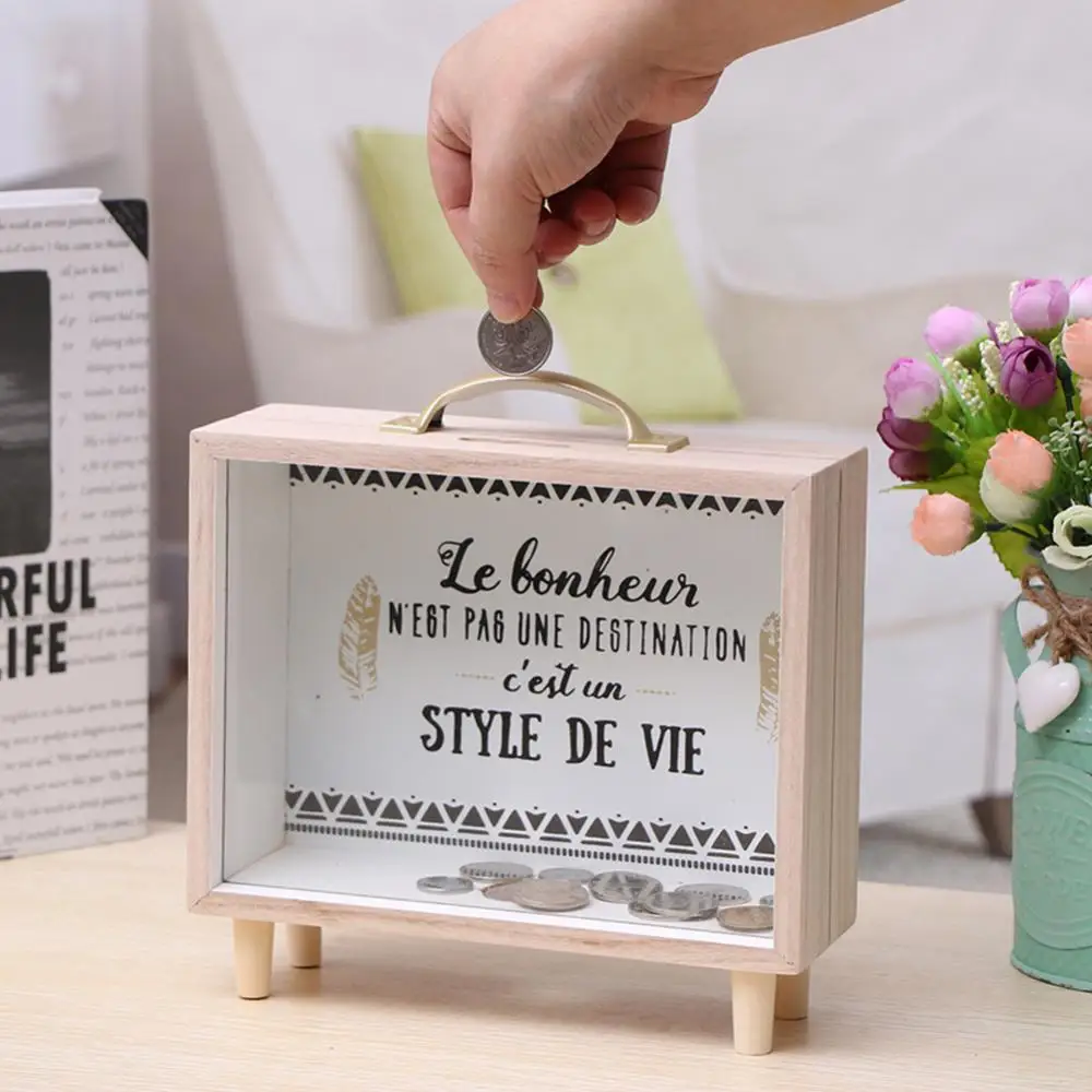 Novelty Wooden Money Box, Transparent Piggy Bank, Can Save Money, Coin, Cash Change, Home Desktop Decoration, Kids Gift 4