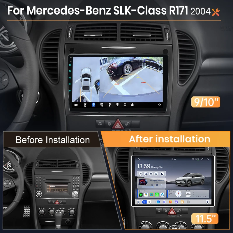 AWESAFE Radio para coche con Android Auto para Mercedes Benz SLK-Class R171 2004 2005-2011, sistemas inteligentes multimedia inalámbricos CarPlay, pantalla táctil IPS, reproductor de vídeo estéreo, 2 Din, autorradio, unidad principal, navegación, BT, GPS, 4G, WIFI, FM, DSP, RDS, SWC 2