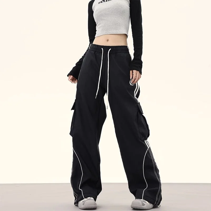 

2024 Autumn Winter Women Black Pants High Waist Vintage American Streetwear Red Cargo Pants Female Solid Trouser Baggy Pants