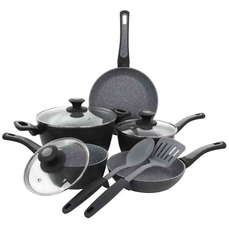 

10 Piece Non-Stick Aluminum Cookware Set in Black and Grey Speckle