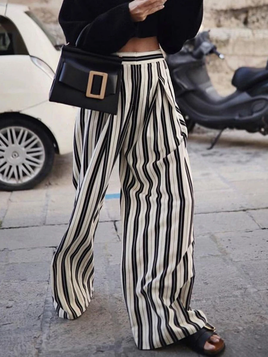 

Striped Loose Draped Wide Leg Pant Women 2023 New High Waist Streetwear Fashion Pocket Pleated Trouser Lady Vintage Casual Pants