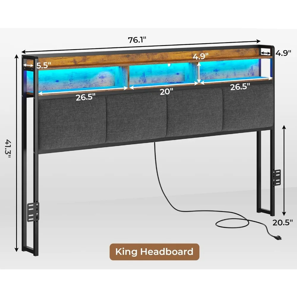 King Headboard Only with LED Lights & Charging Station, Headboard King with 2-Tire Storage Space and Soft Backrest for Bedroom