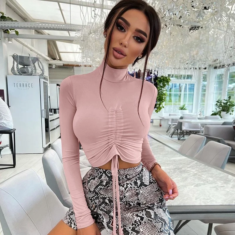 

Women Casual Long Sleeve Ruffle Drawstring Slim T-shirt D0315
