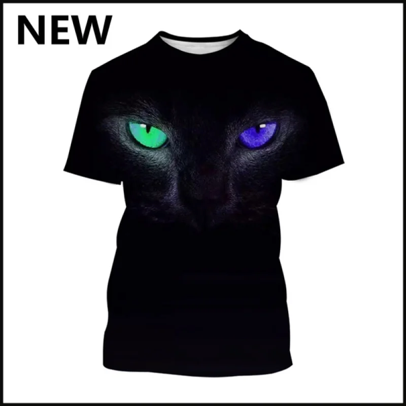 

2022 Men and Women New Summer 3d T-shirt Fashion Short Cat Print Funny Cat Eyes Black Top