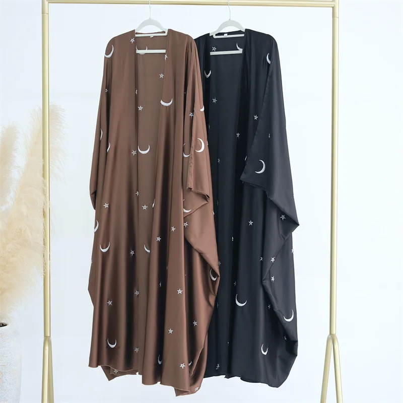 

Eid Satin Abaya Kimono Moon Embroidery Open Abayas for Women Dubai Muslim Cardigan Long Dress Ramadan Wholesale Islamic Clothing
