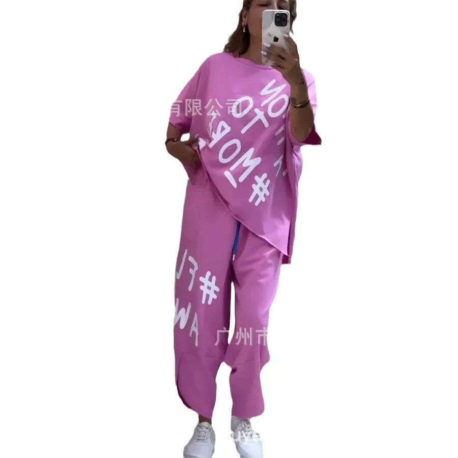 Summer Fashion Sporty Style Two Piece Set Women Casual Letter Print Tshirt Drawstring Sports Pants Two Piece Set Women