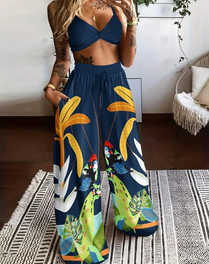 

Women's Vacation Suits 2024 Summer Latest Sexy V-Neck Ice Cream Color Printed Twisted Wide Leg Pants Long Pants Two Piece Set