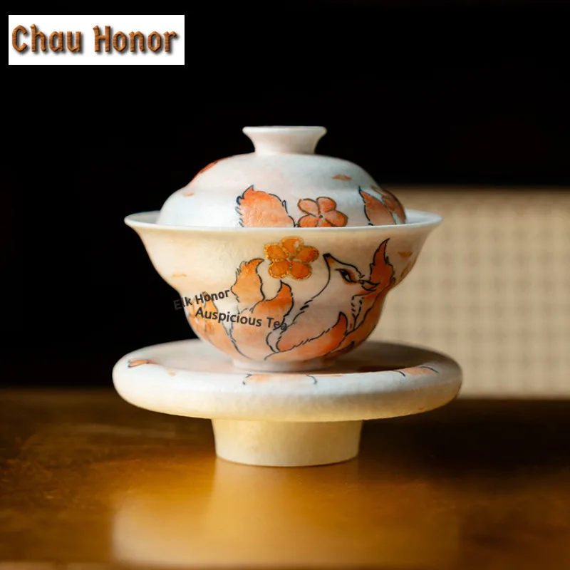 55ml Pure Hand-drawn Nine-tailed Fox Gaiwan Handmade Tea Tureen Tea Bowl with Lid Kit Tea Making Cover Bowl Cha Collection Gift