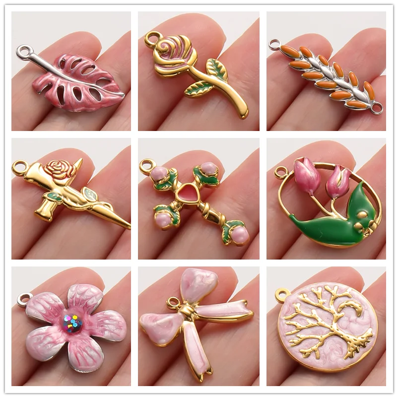 3-teiliges Mädchen-Anhänger-Set in Pink mit Öltropfen-Effekt aus Edelstahl, Pflanzen- und Blumenmotiv-Anhänger für Schmuckherstellung, DIY Schlüsselanhänger