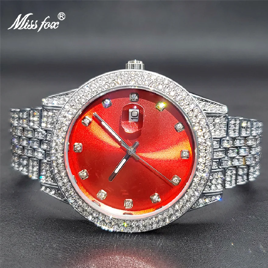 

Luxo Iced Out Red Watch For Women Famous Luxury Brands Elegant Evening Dress Watches Ultra-thin Auto Calendar Clock New In