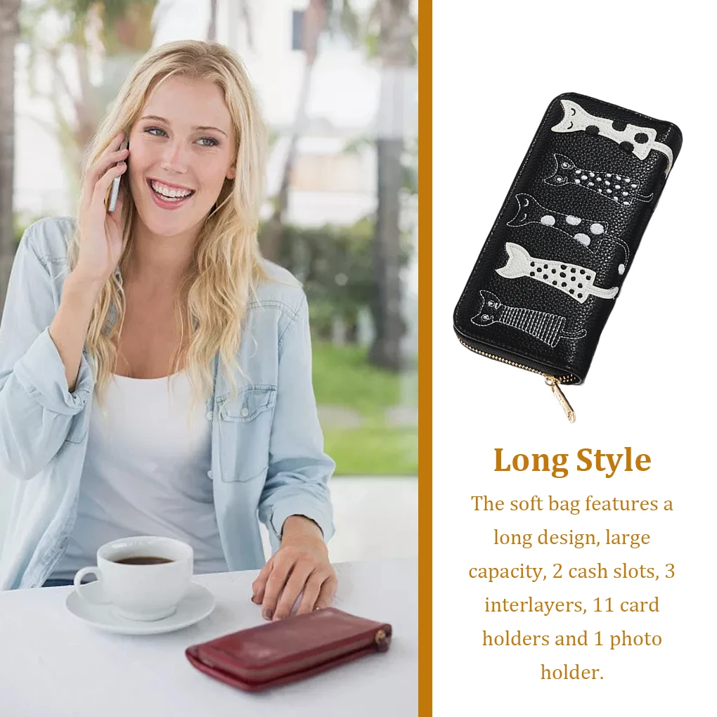 Women Long Wallet Cat Phone Card Holder Embroidery PU Leather Purse 3