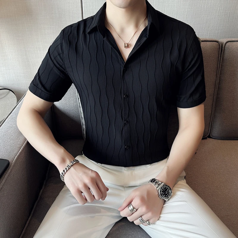 

Рубашка мужская с коротким рукавом, модная сорочка в полоску, приталенная Повседневная офисная деловая классическая, одежда для мужчин, лето 2023