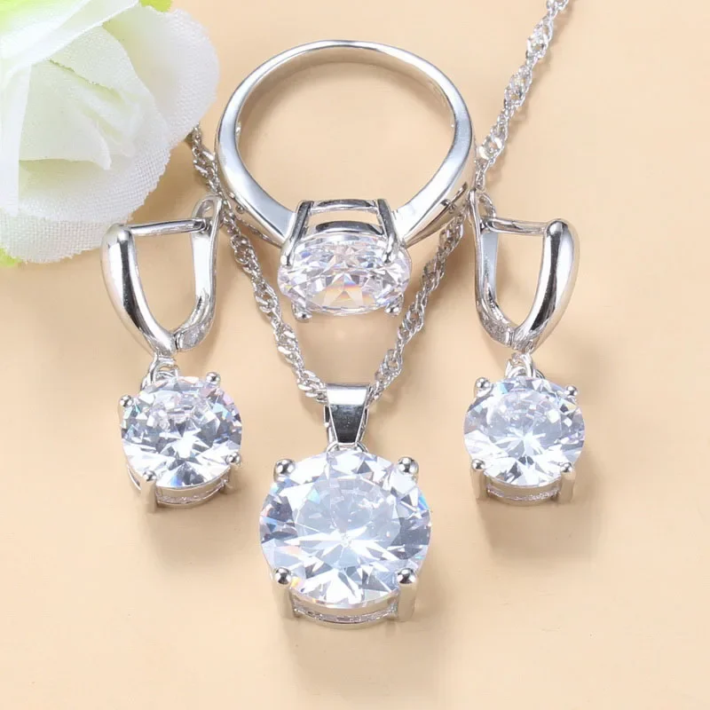 Wholesale Price 925 Silver Round Classic Wedding Ring Bridal Jewelry Sets Zircon Necklace And Earrings Bridal Costume Women Gift 1
