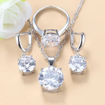 Wholesale Price 925 Silver Round Classic Wedding Ring Bridal Jewelry Sets Zircon Necklace And Earrings Bridal Costume Women Gift 1