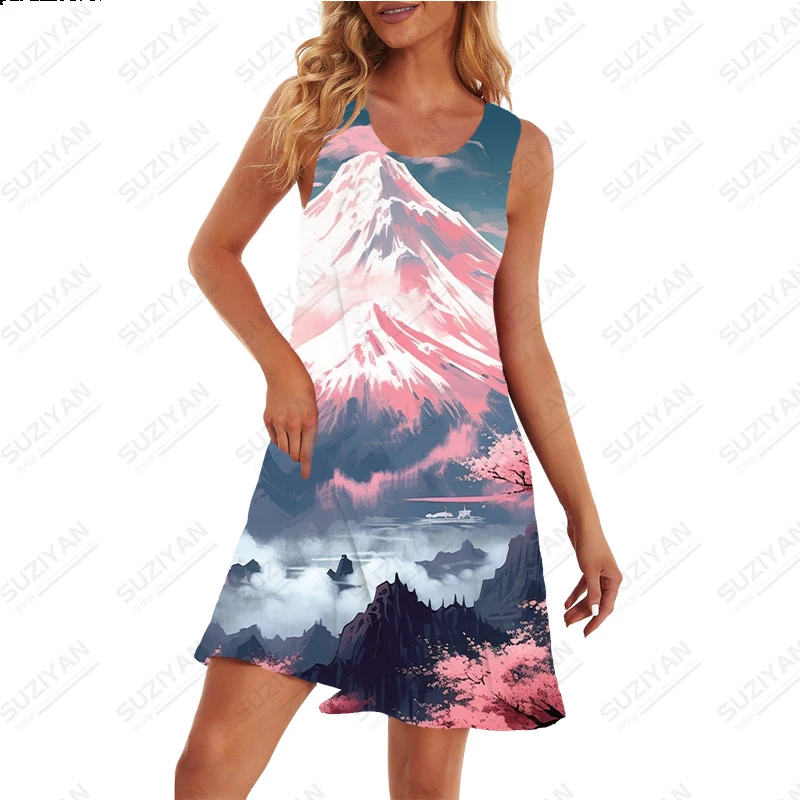 Nuovo Vestito Estivo Stile Giapponese Sakura Snow Mountain Print Dress Outdoor Street Dress Abito Da Donna Allentato Casual Plus Size Dress