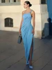 Sisterlinda Sexy Backless Long Dress Women Twist One Shoulder Strap High Splits Hem Midnight Prom Party Ruched Elegant Vestidos
