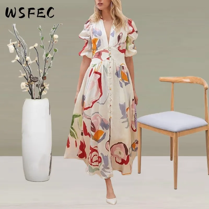 

WSFEC S-2XL 2023 Summer Beach Casual Dresses for Women Clothing Short Sleeve Fashion Printing Elegant Long Dress Dropshipping