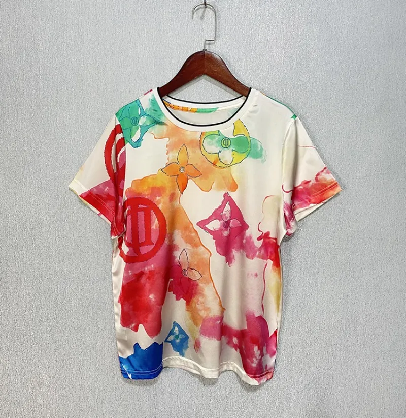 

Multi-Color Print Mulberry Silk Stretch Crepe Satin T shirt 95% Natural silk Women top