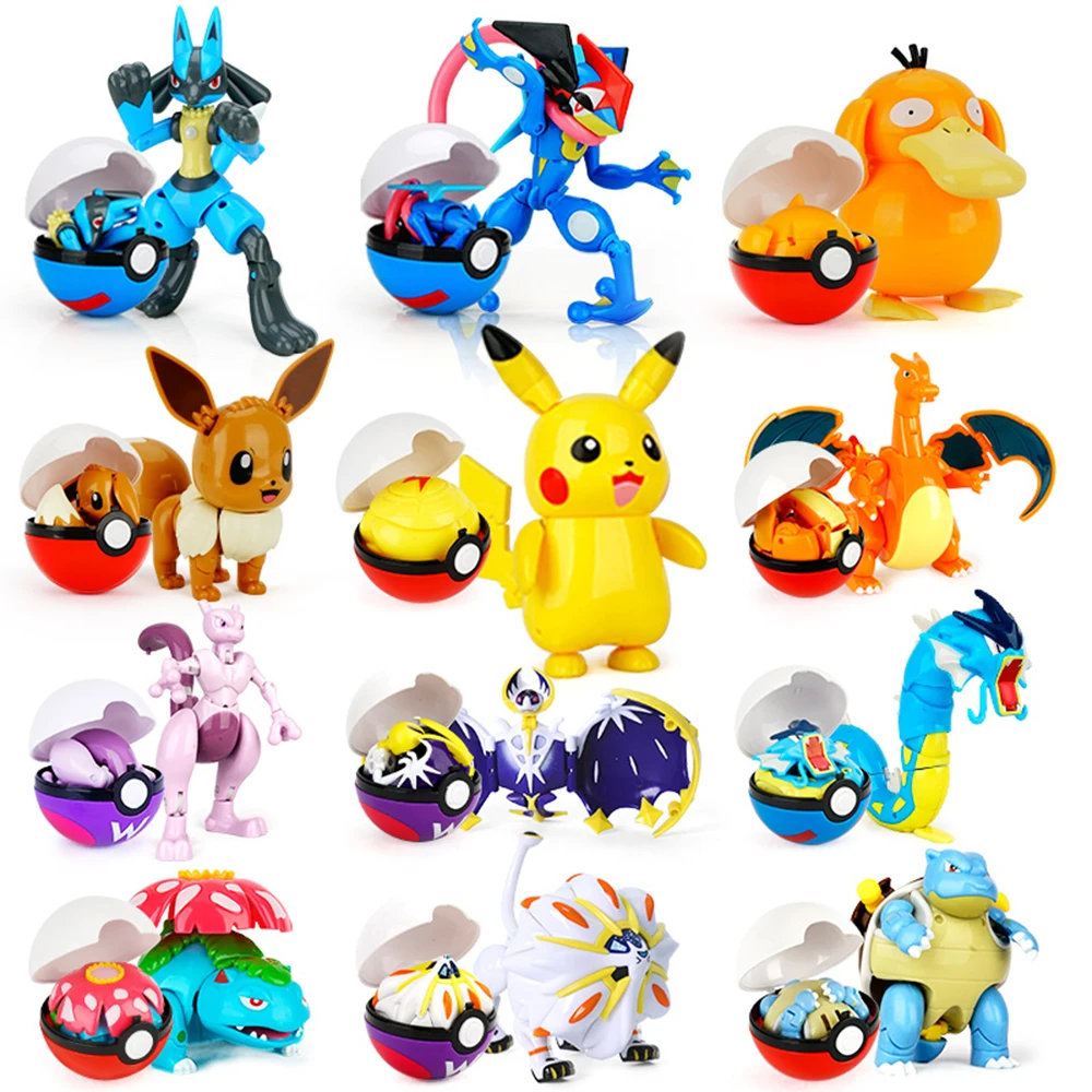Genuine Pokemon Figure Original Box Deformation Toy Anime Role Pikachu Charizard Jenny Turtle Pocket Monster Pokeball Model Gift
