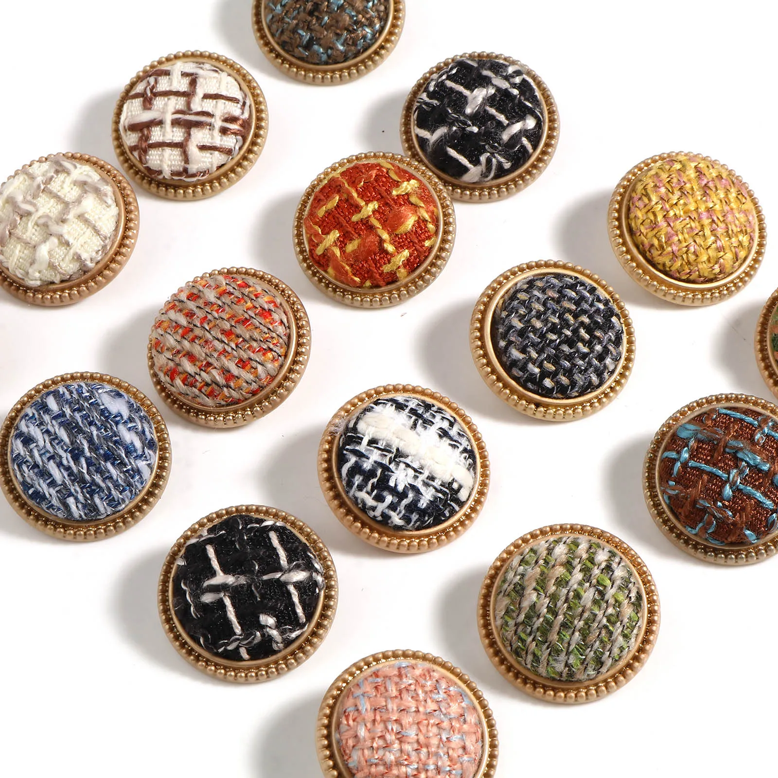 5 PCs Tweed Plaid Fabric Covered Metal Gold Buttons Round Shank Buttons Patchwork Sewing DIY Cardigan Clothes Garment Accessory