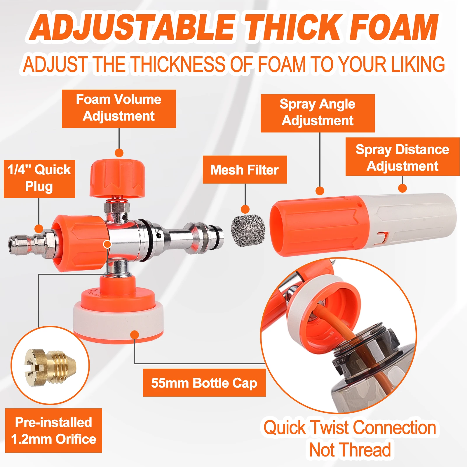 압력 세척기용 업그레이드된 폼 캐논(1/4인치 퀵 커넥터, 360도 회전) ° 조절 가능한 스프레이 노즐, 1L 폼 캐논 비누 디스펜서