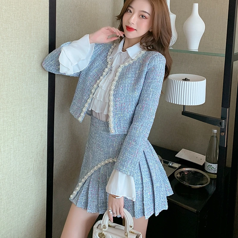 2022 Autumn Korean Sweet Tweed Two Piece Set Women Woolen Short Jacket