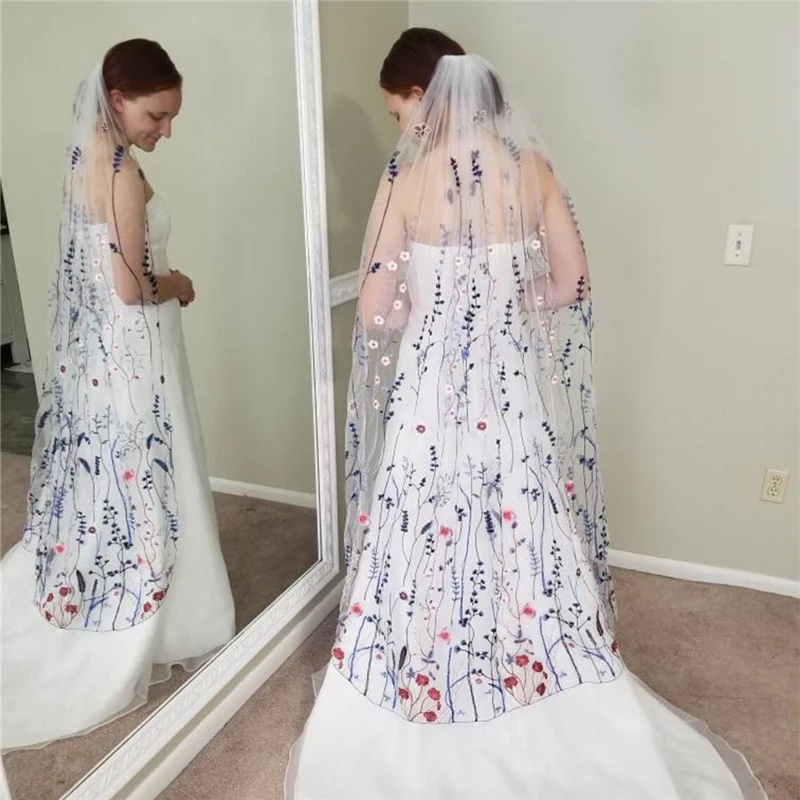 Blue Red Bridal Wedding Veils Floral with Comb Wild Flowers Lace Secret Garden for Brides Colorful Fingertip