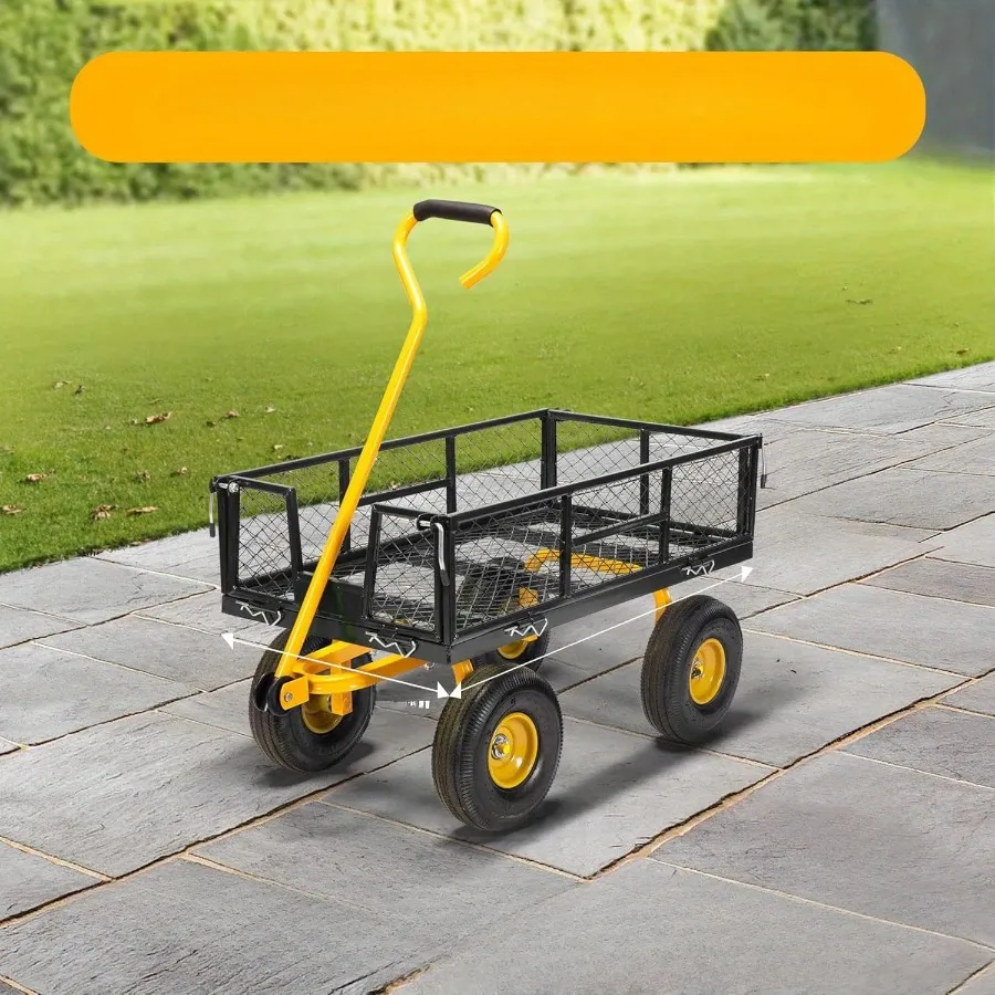 Heavy Duty 1100 lb Mesh Steel Garden Cart Folding Multifunctional Black Detachable Sides Tires