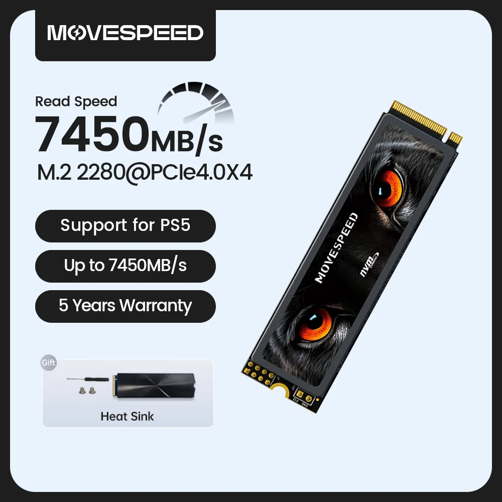 MOVESPEED 7450 برميل/الثانية SSD NVMe M.2 2280 4 تيرا بايت 2 تيرا بايت 1 تيرا بايت قرص صلب داخلي الحالة الصلبة M2 PCIe 4.0x4 2280 SSD محرك لأجهزة الكمبيوتر المحمول PS5